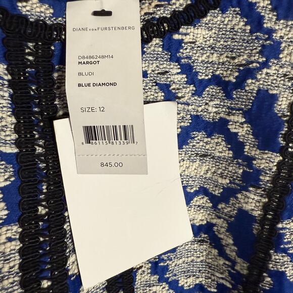 Diane von Furstenberg Margot Flounce Fit Flare Blue Diamond Jacquard Dress 12 - Picture 14 of 16